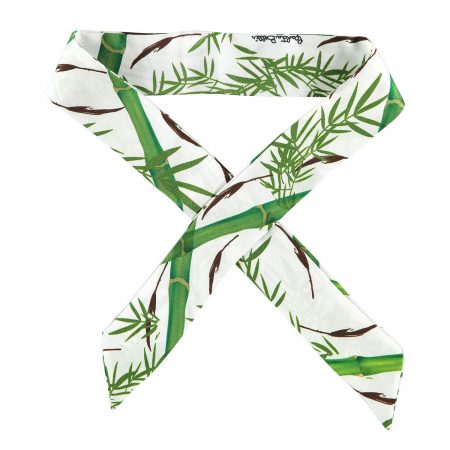 White silk twilly scarf with elegant bamboo print for handbag handle.