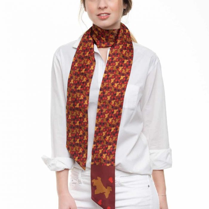 Handmade silk twilly scarf in red with dog motif – Carlota Belles