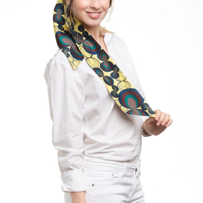 Luxury silk twilly inspired by the infinity symbol, in elegant gray, cream, and black tones. Use it as a bandana