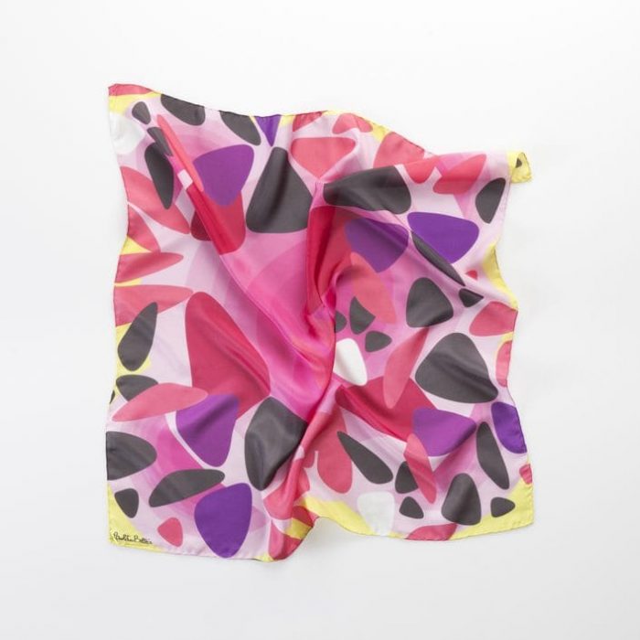 Silk Carlota Bellés 'Magnificent Clouds' silk square scarf (Twill) in fuchsia/yellow. Calder-inspired design with acoustic circles and red, purple, black clouds.