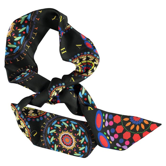 Vibrant Gratitude silk twilly with strong black and yellow tones in the mandala design. Barcelona designer collection, limited availability.