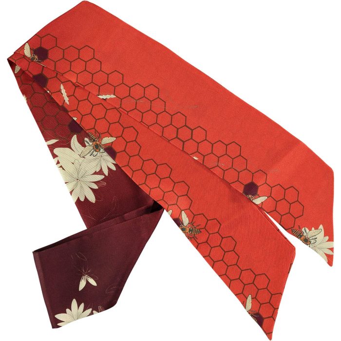 Luxurious Melissae silk twill scarf with a deep maroon background, depicting symbolic bees and honeycomb. High-quality Spanish-made silk for timeless elegance.