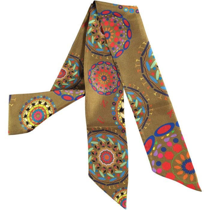 Close-up of the Gratitude twilly, showing the high-quality silk twill fabric and the unique blend of organic and geometric mandala shapes.