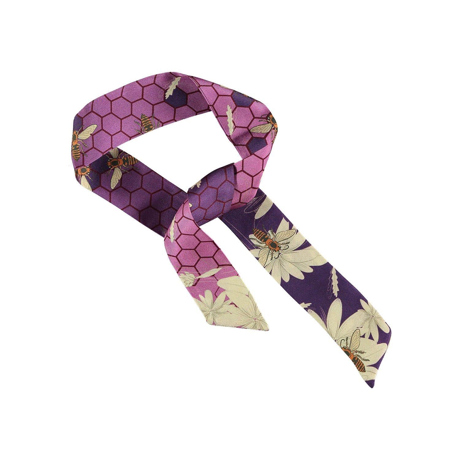 Close view of Melissae silk twill scarf in a rich lilac/lavender colors, highlighting the detailed, hand-drawn linear honeycomb design