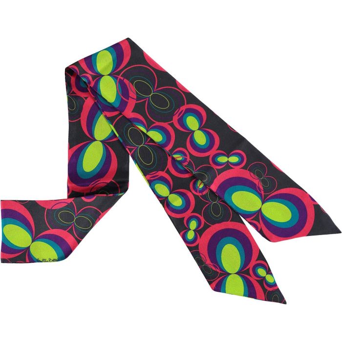 Silk Carlota Bellés Lemniscata silk twilly with vibrant, brightly colored infinity symbols against a metallic gray background. Modern designer accessory.