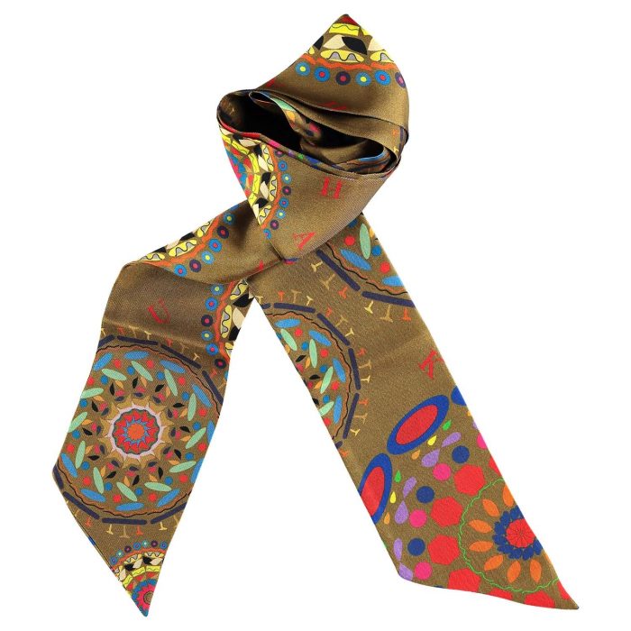 Gratitude silk twilly by Carlota Bellés. Vibrant mandala design with blue, red, and yellow on gray. Limited edition Barcelona designer scarf.
