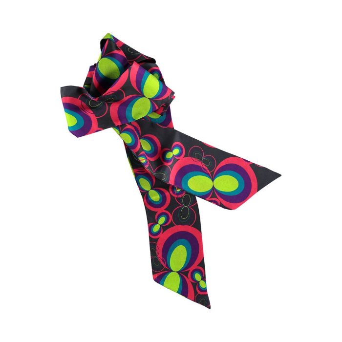 Lemniscata twilly tied to a handbag, showcasing the mathematical curve design and colorful ribbons. Unique versatile silk accessory.