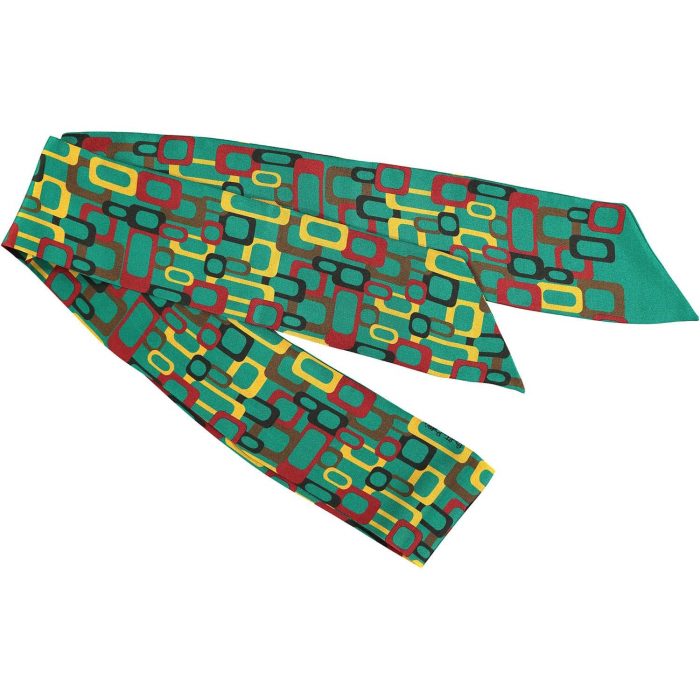 Silk Carlota Bellés Links twilly with green background and ocher/gray rectangular links. Limited edition accessory symbolizing union and connection