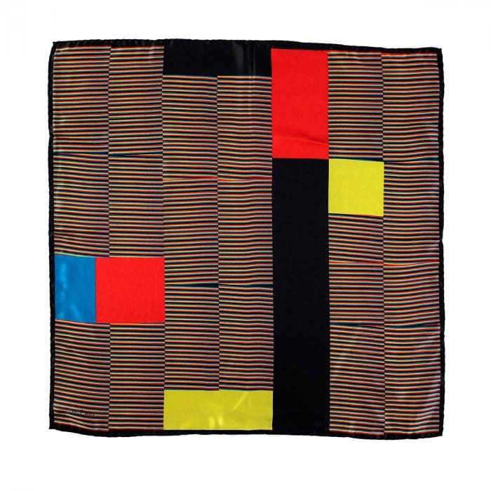 Diseño del pañuelo de seda cuadrado Farewell en negro inspirado en arte cinético Cruz Diez