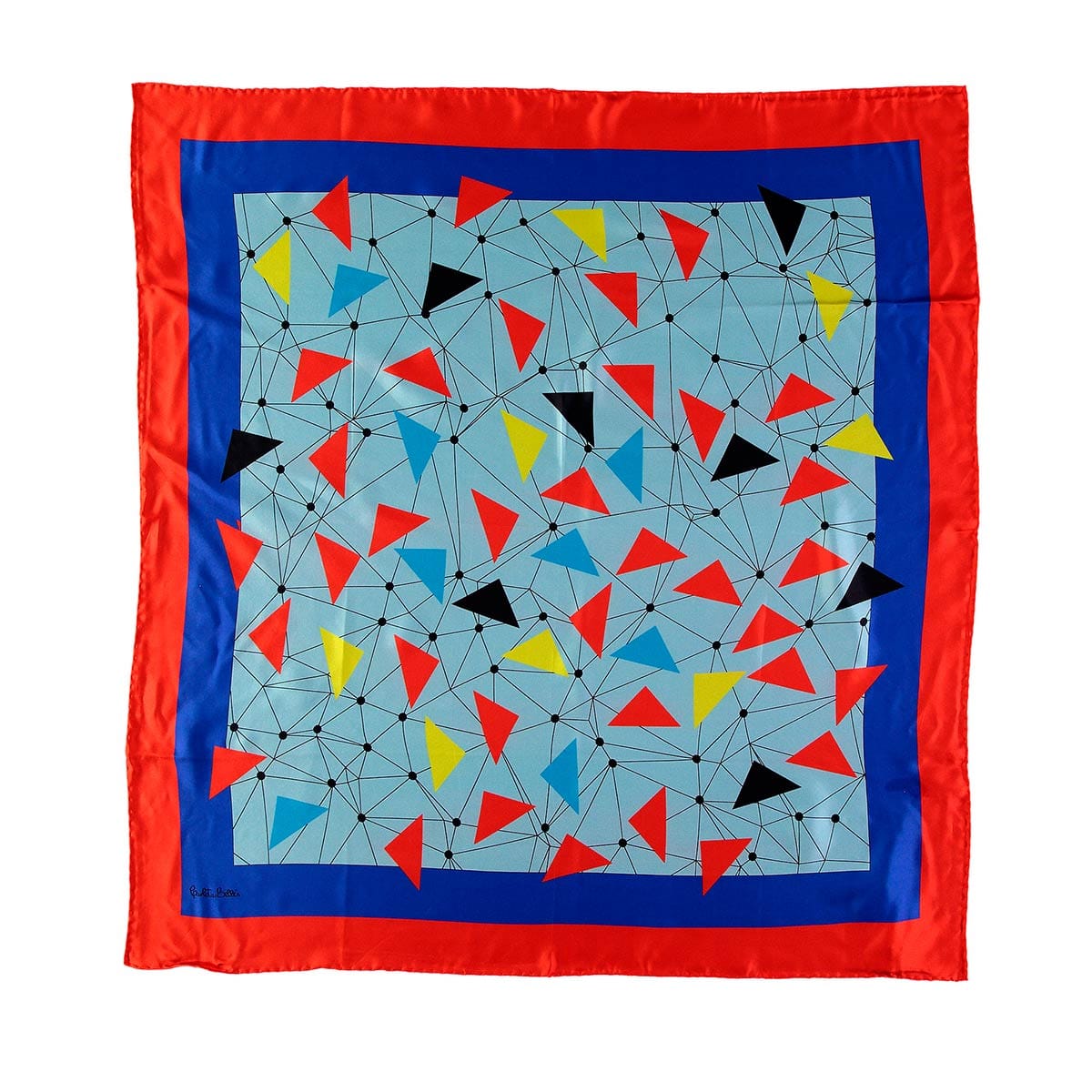 Detalle del diseño de pañuelo cuadrado de seda Flying macaws en azul