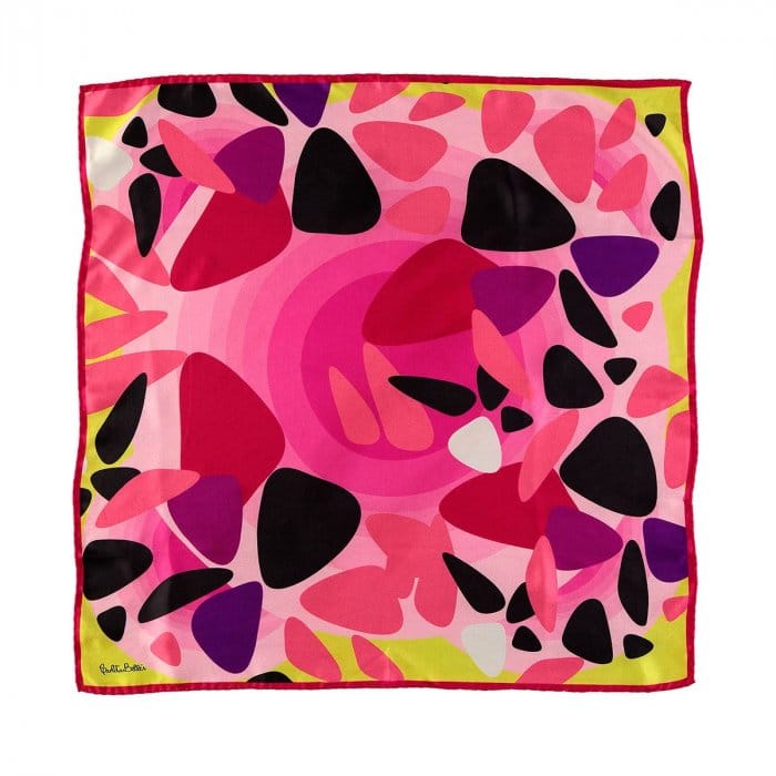 Pañuelo cuadrado de seda en tonos rosas y fucsia inspiradoen nubes de calder aula magna UCV