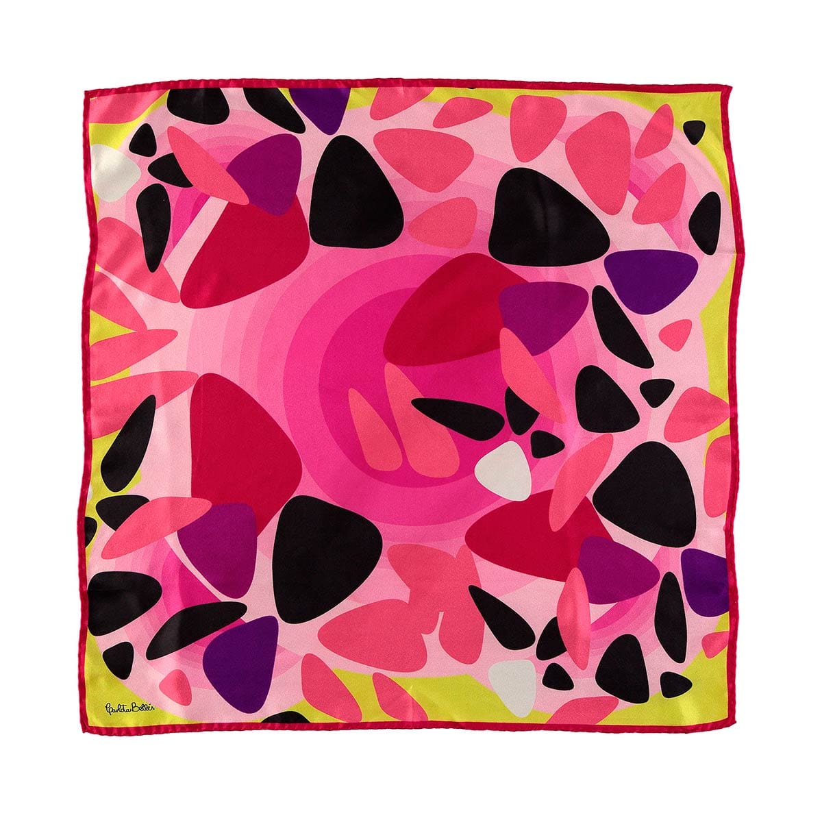 Pañuelo cuadrado de seda en tonos rosas y fucsia inspiradoen nubes de calder aula magna UCV