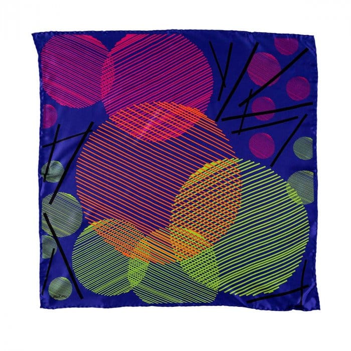 Diseño Pañuelo azul vibrante y bellos colores en seda natural twill 14 mm inspirado en obra de Jesus soto